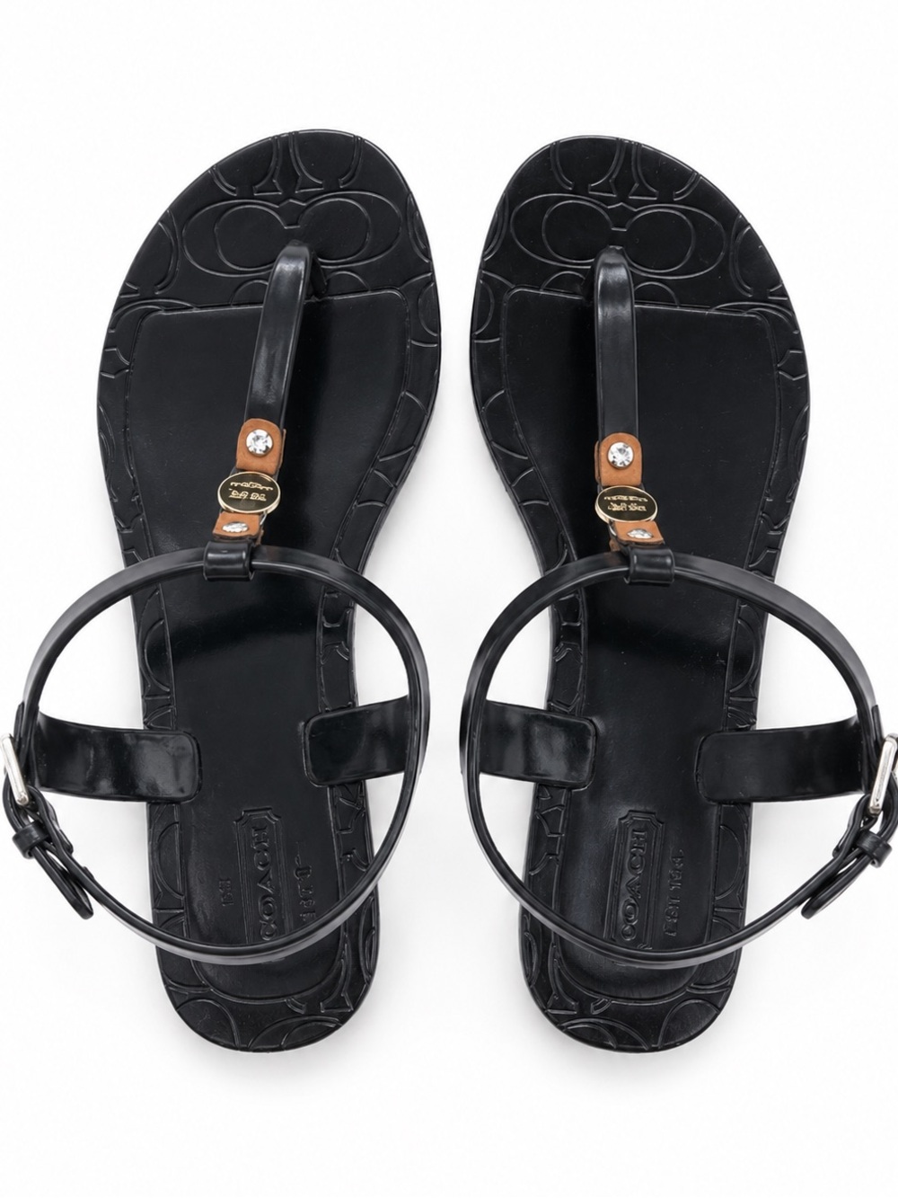 Coach Black Patent T-Strap Sandals with Tan Logo Accent